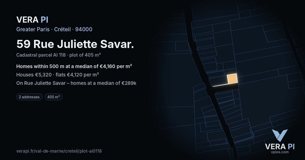 59 Rue Juliette Savar, Créteil at night – the plot lit, the parcels around coloured by the prices near them