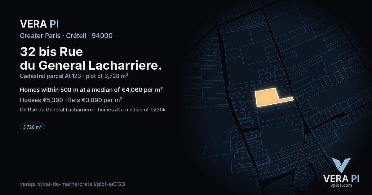 32 bis Rue du General Lacharriere, Créteil at night – the plot lit, the parcels around coloured by the prices near them