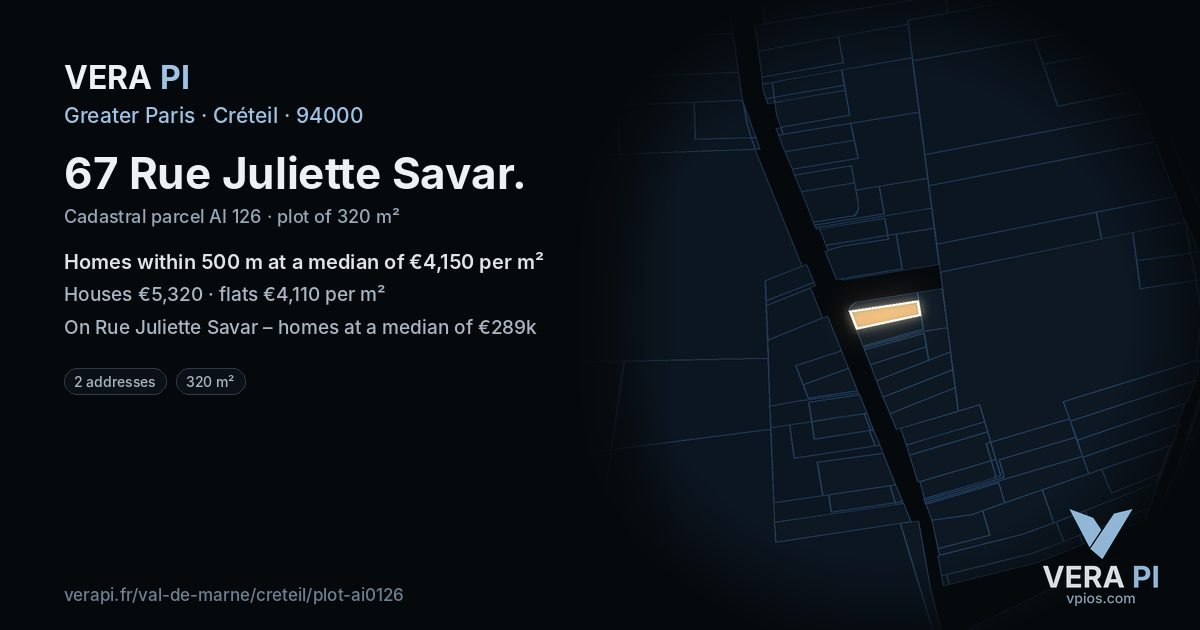 67 Rue Juliette Savar, Créteil at night – the plot lit, the parcels around coloured by the prices near them