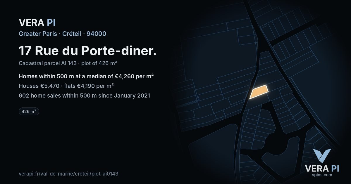 17 Rue du Porte-diner, Créteil at night – the plot lit, the parcels around coloured by the prices near them