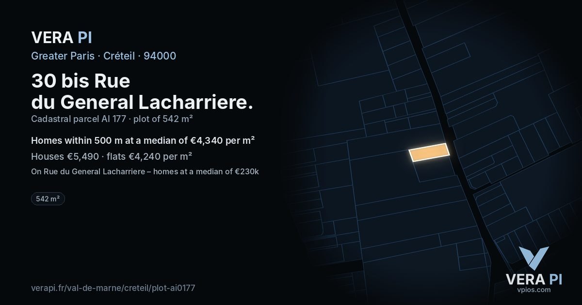 30 bis Rue du General Lacharriere, Créteil at night – the plot lit, the parcels around coloured by the prices near them