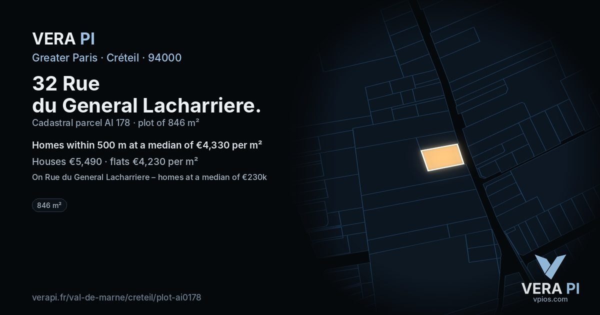 32 Rue du General Lacharriere, Créteil at night – the plot lit, the parcels around coloured by the prices near them