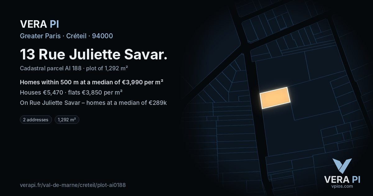 13 Rue Juliette Savar, Créteil at night – the plot lit, the parcels around coloured by the prices near them