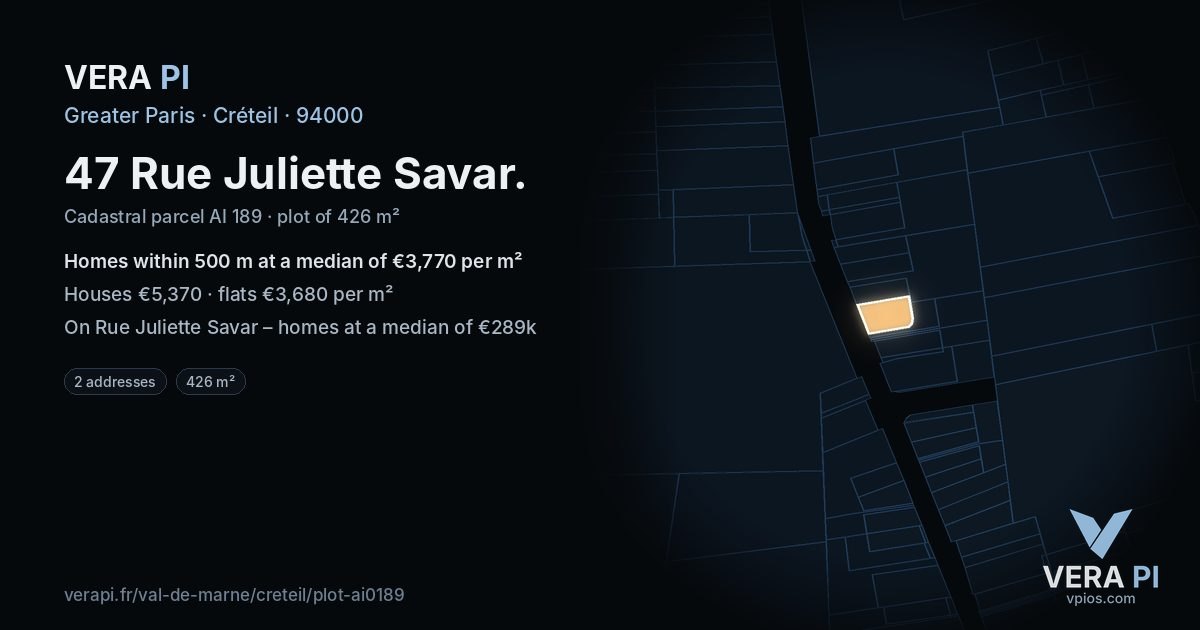 47 Rue Juliette Savar, Créteil at night – the plot lit, the parcels around coloured by the prices near them