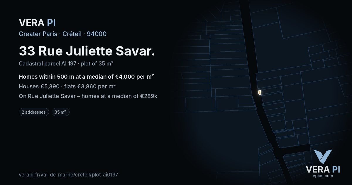 33 Rue Juliette Savar, Créteil at night – the plot lit, the parcels around coloured by the prices near them