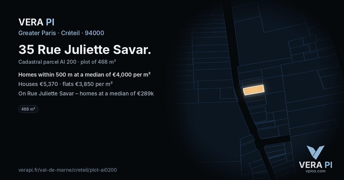 35 Rue Juliette Savar, Créteil at night – the plot lit, the parcels around coloured by the prices near them