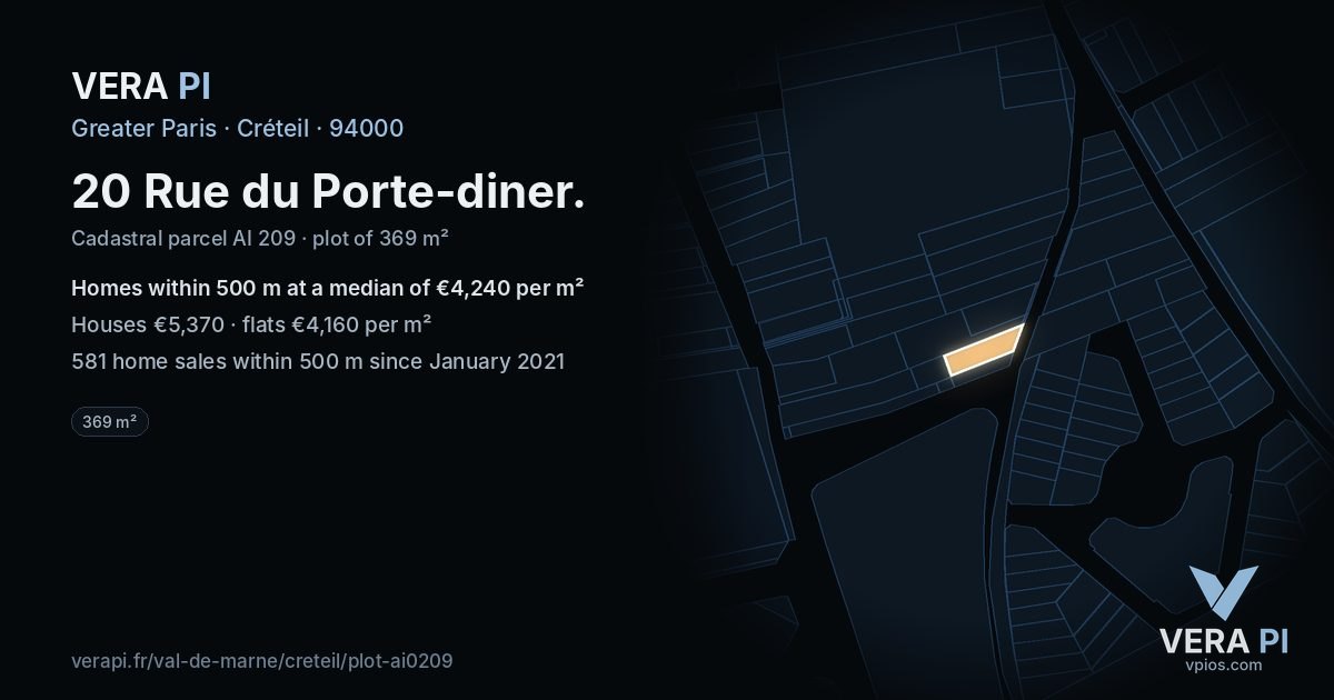 20 Rue du Porte-diner, Créteil at night – the plot lit, the parcels around coloured by the prices near them