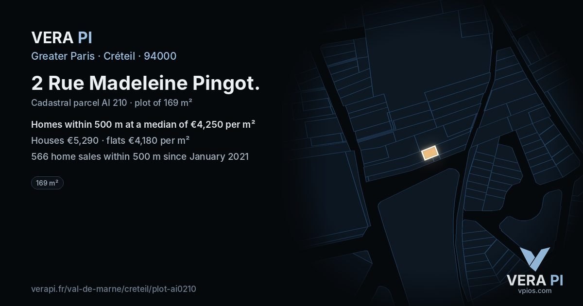 2 Rue Madeleine Pingot, Créteil at night – the plot lit, the parcels around coloured by the prices near them
