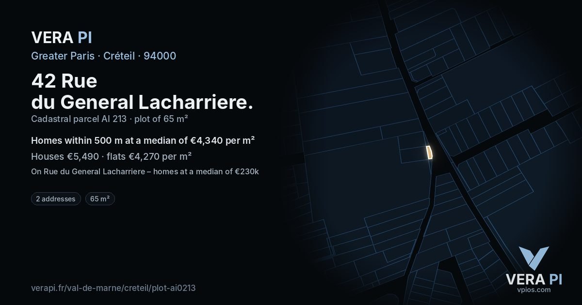 42 Rue du General Lacharriere, Créteil at night – the plot lit, the parcels around coloured by the prices near them