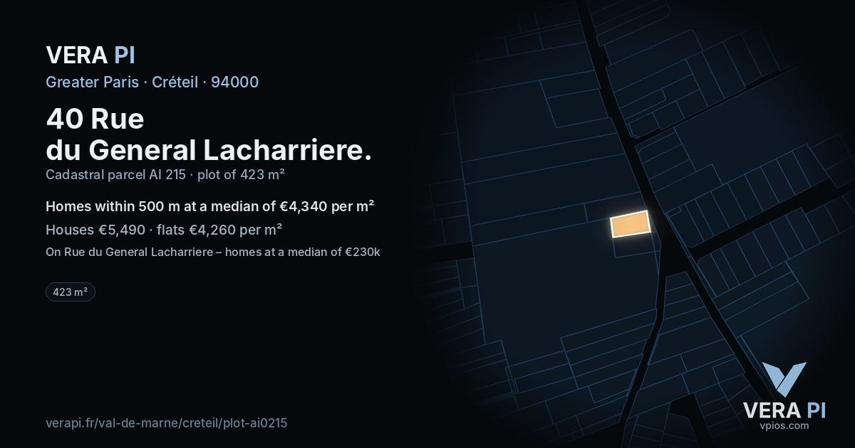 40 Rue du General Lacharriere, Créteil at night – the plot lit, the parcels around coloured by the prices near them