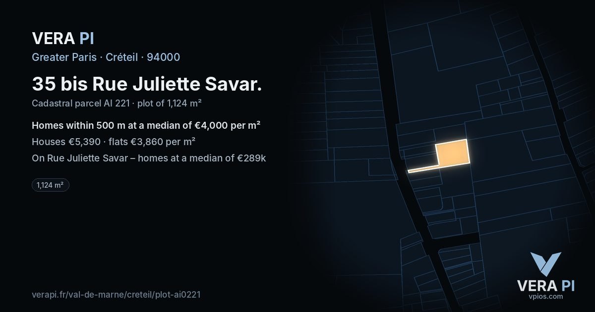 35 bis Rue Juliette Savar, Créteil at night – the plot lit, the parcels around coloured by the prices near them