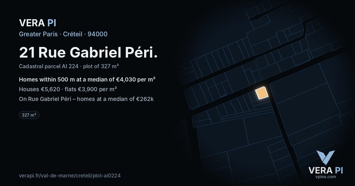 21 Rue Gabriel Péri, Créteil at night – the plot lit, the parcels around coloured by the prices near them