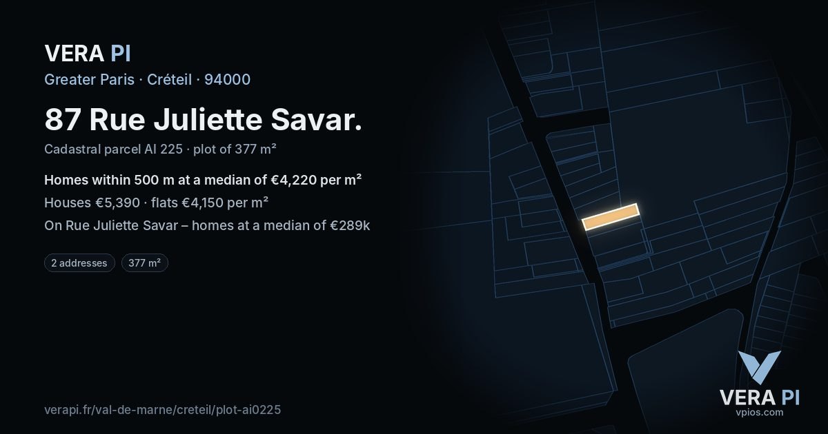 87 Rue Juliette Savar, Créteil at night – the plot lit, the parcels around coloured by the prices near them