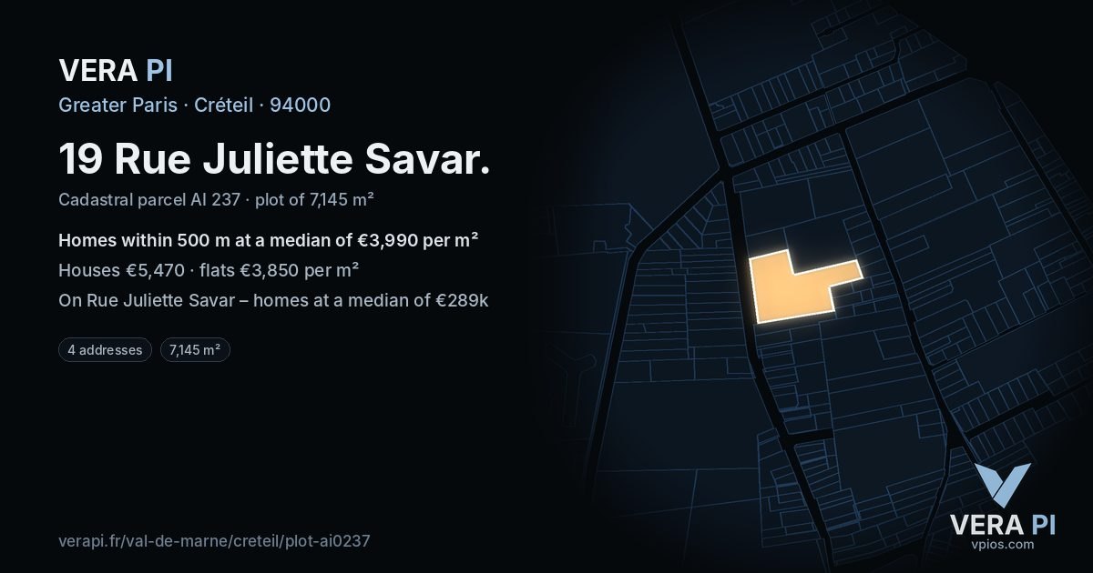 19 Rue Juliette Savar, Créteil at night – the plot lit, the parcels around coloured by the prices near them