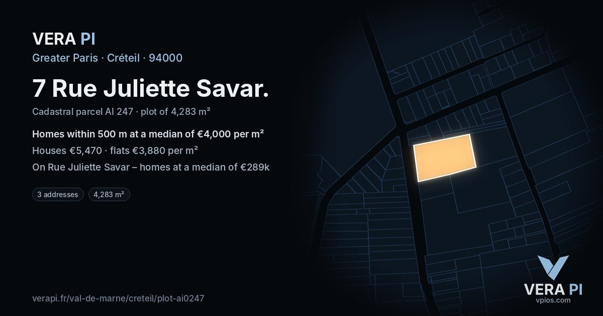 7 Rue Juliette Savar, Créteil at night – the plot lit, the parcels around coloured by the prices near them