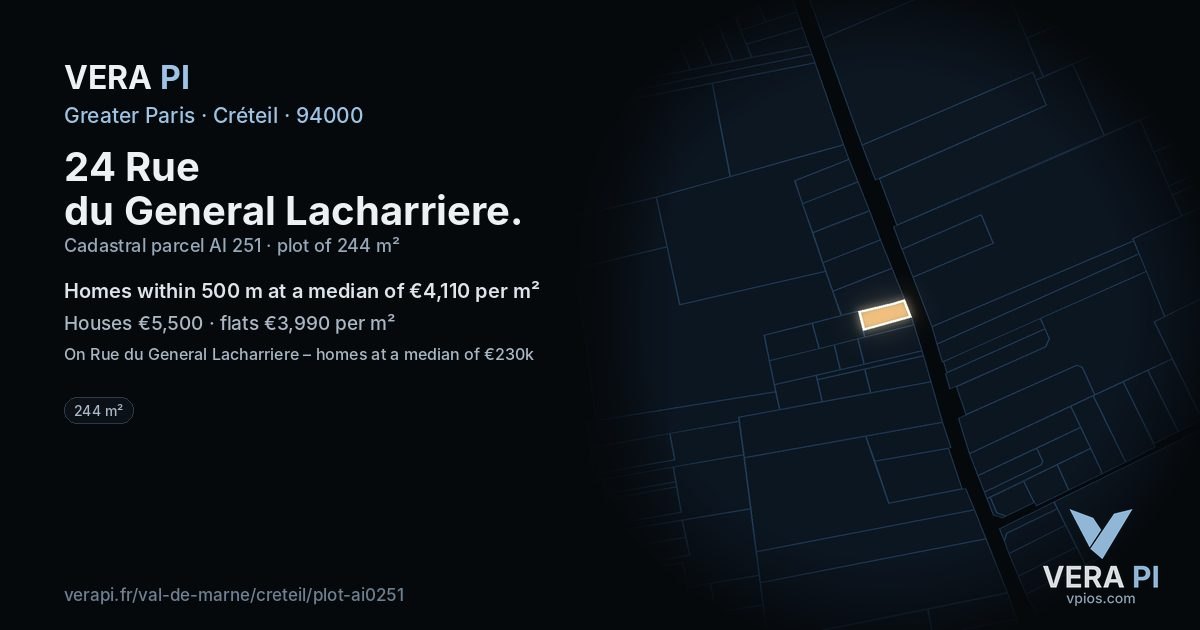 24 Rue du General Lacharriere, Créteil at night – the plot lit, the parcels around coloured by the prices near them