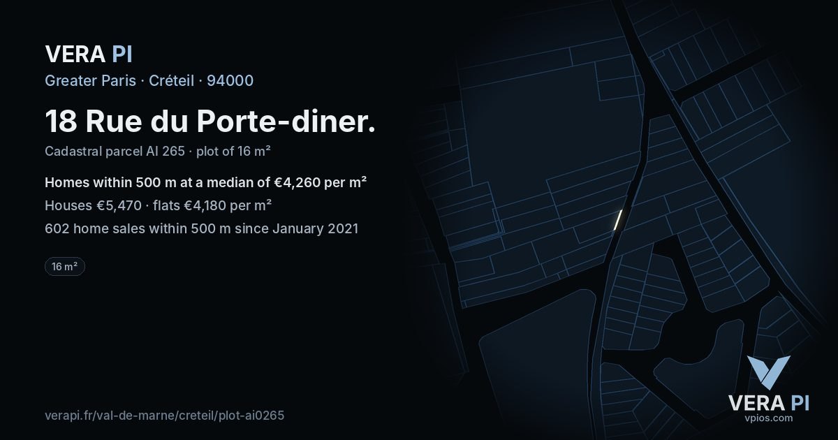 18 Rue du Porte-diner, Créteil at night – the plot lit, the parcels around coloured by the prices near them
