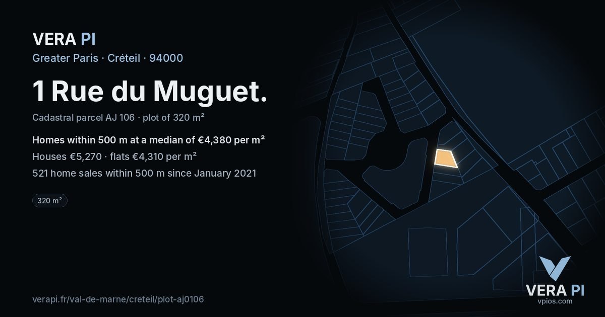1 Rue du Muguet, Créteil at night – the plot lit, the parcels around coloured by the prices near them