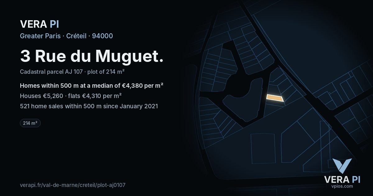 3 Rue du Muguet, Créteil at night – the plot lit, the parcels around coloured by the prices near them