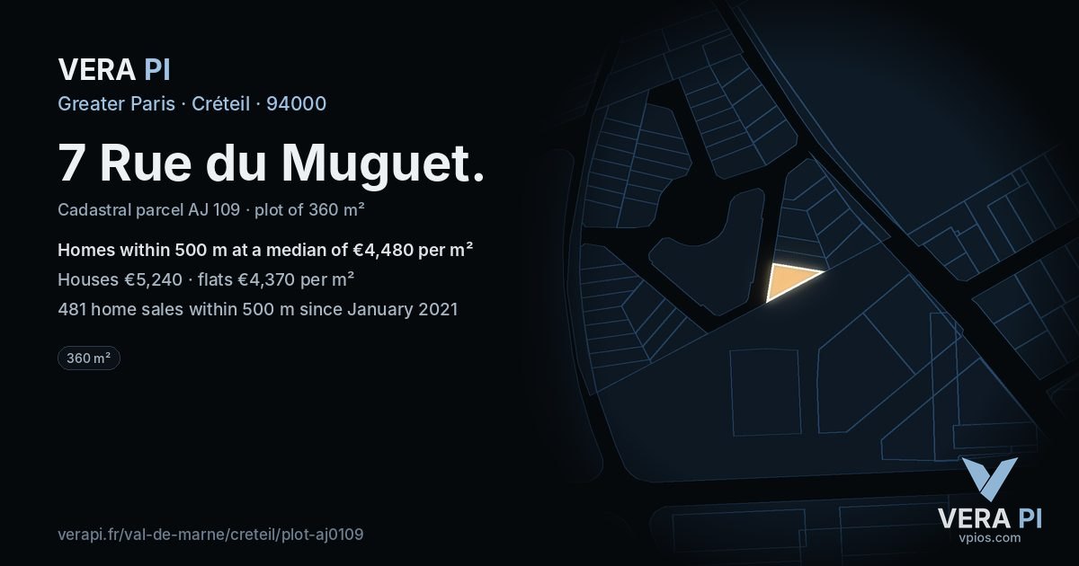 7 Rue du Muguet, Créteil at night – the plot lit, the parcels around coloured by the prices near them