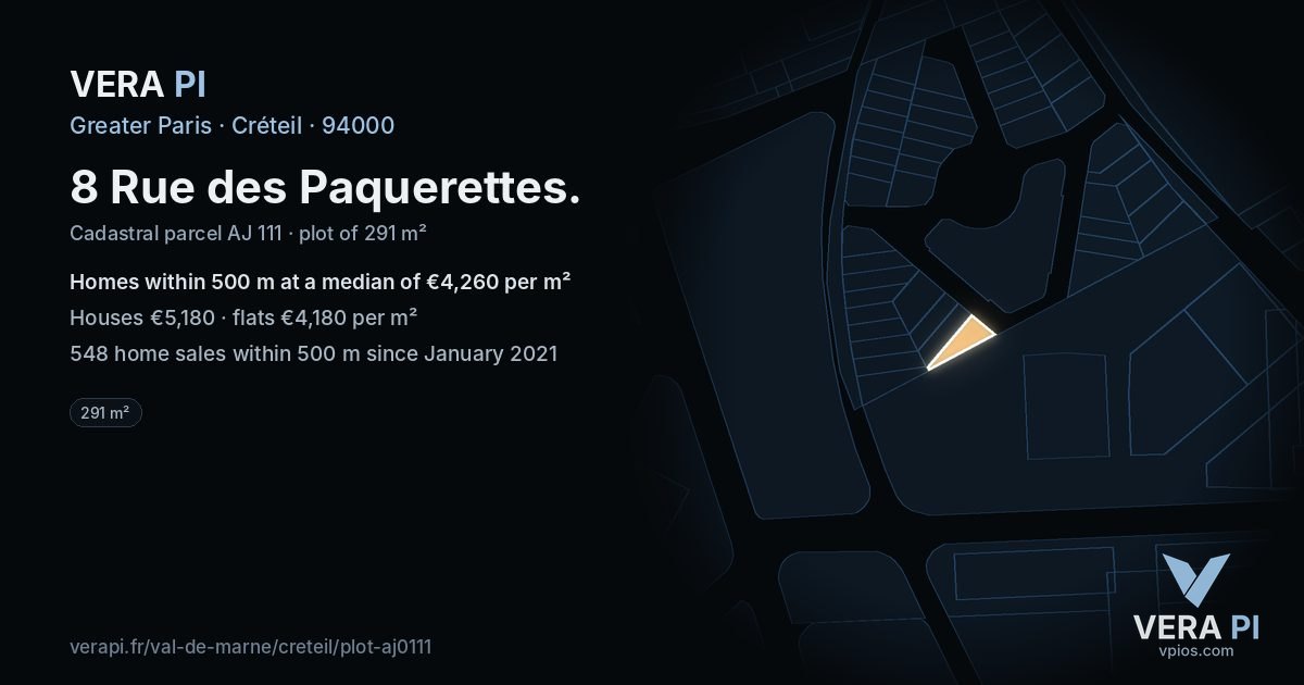 8 Rue des Paquerettes, Créteil at night – the plot lit, the parcels around coloured by the prices near them