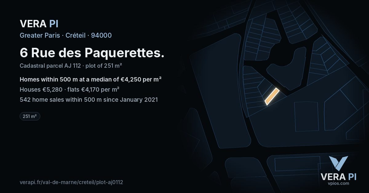 6 Rue des Paquerettes, Créteil at night – the plot lit, the parcels around coloured by the prices near them