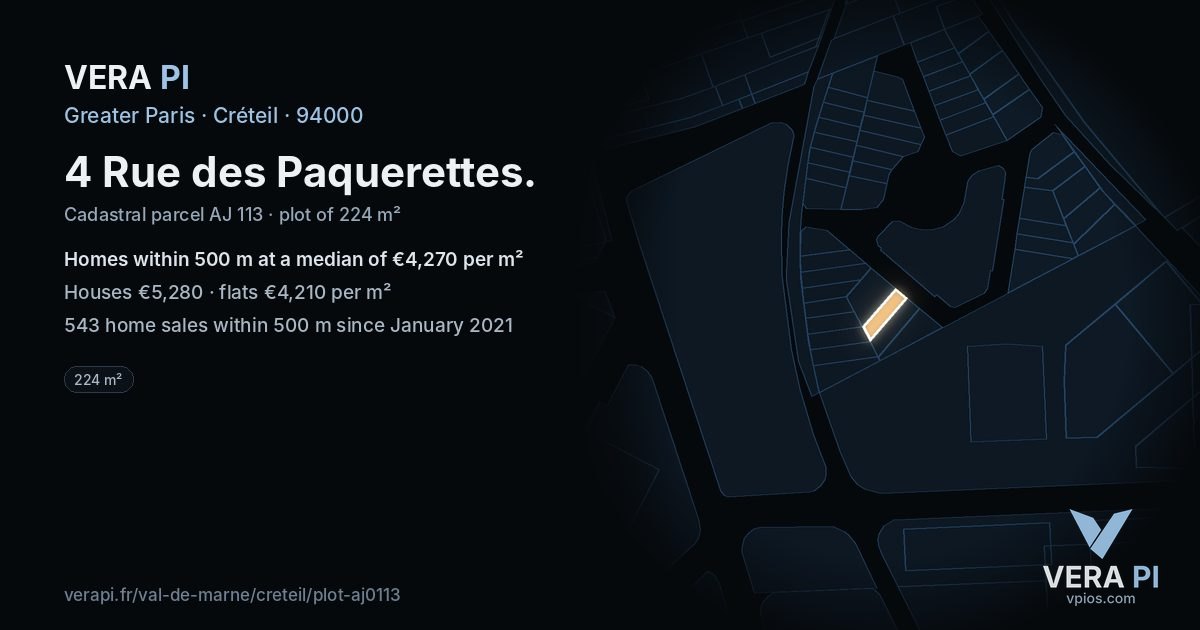 4 Rue des Paquerettes, Créteil at night – the plot lit, the parcels around coloured by the prices near them