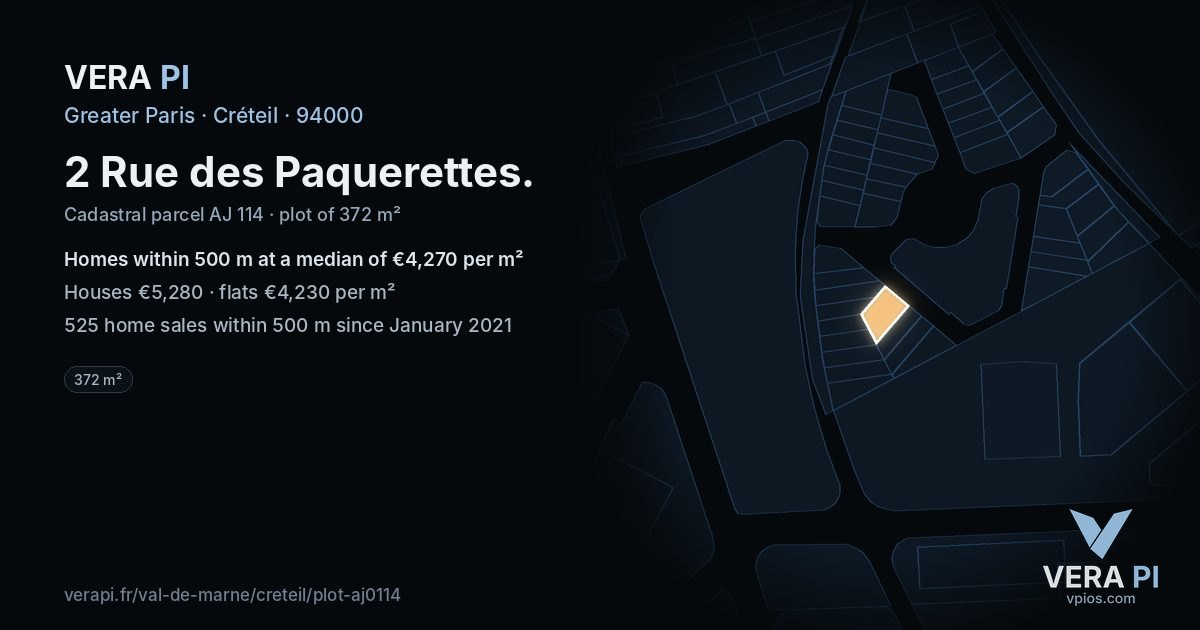 2 Rue des Paquerettes, Créteil at night – the plot lit, the parcels around coloured by the prices near them