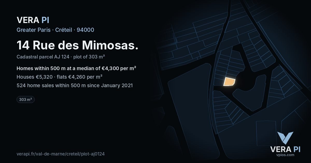 14 Rue des Mimosas, Créteil at night – the plot lit, the parcels around coloured by the prices near them