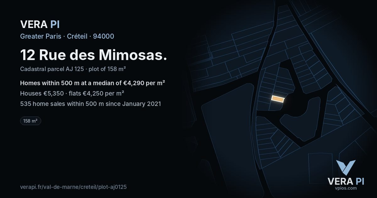 12 Rue des Mimosas, Créteil at night – the plot lit, the parcels around coloured by the prices near them