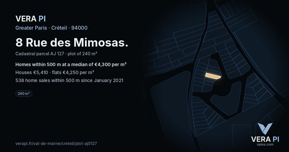 8 Rue des Mimosas, Créteil at night – the plot lit, the parcels around coloured by the prices near them