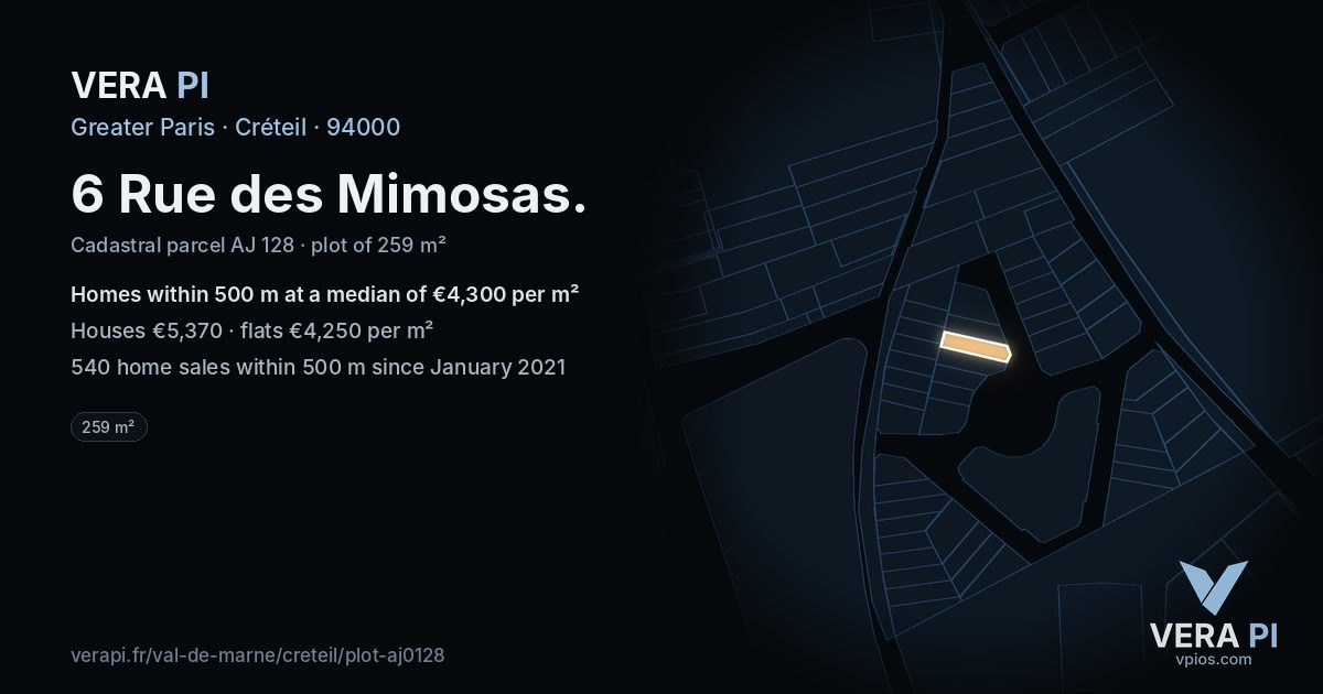 6 Rue des Mimosas, Créteil at night – the plot lit, the parcels around coloured by the prices near them
