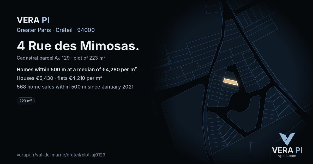 4 Rue des Mimosas, Créteil at night – the plot lit, the parcels around coloured by the prices near them