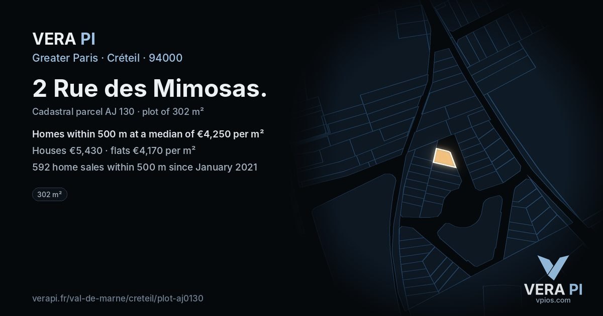 2 Rue des Mimosas, Créteil at night – the plot lit, the parcels around coloured by the prices near them