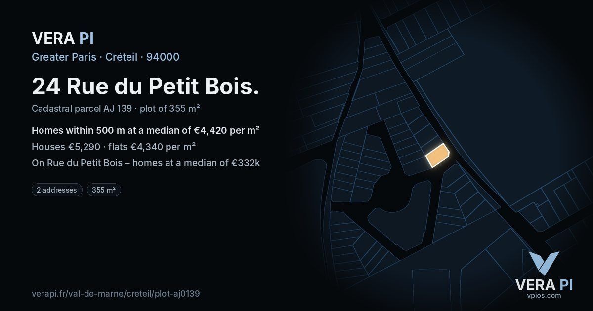 24 Rue du Petit Bois, Créteil at night – the plot lit, the parcels around coloured by the prices near them