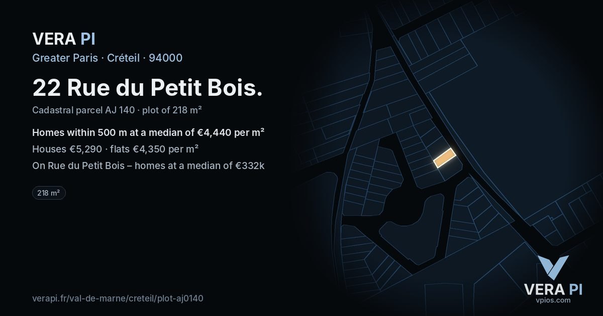 22 Rue du Petit Bois, Créteil at night – the plot lit, the parcels around coloured by the prices near them