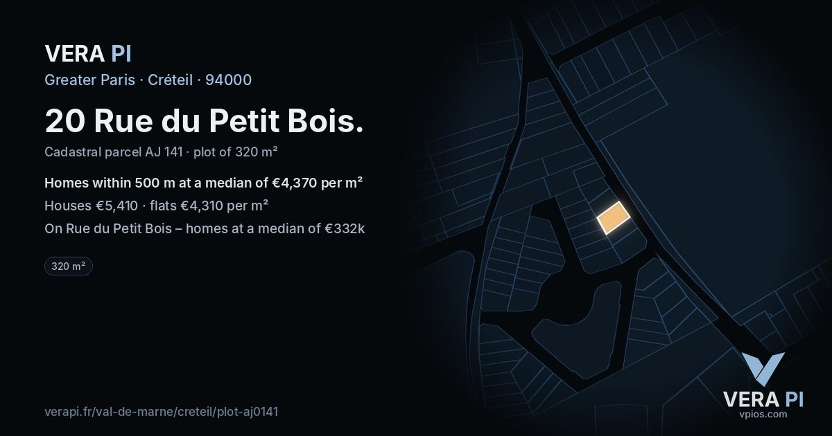 20 Rue du Petit Bois, Créteil at night – the plot lit, the parcels around coloured by the prices near them