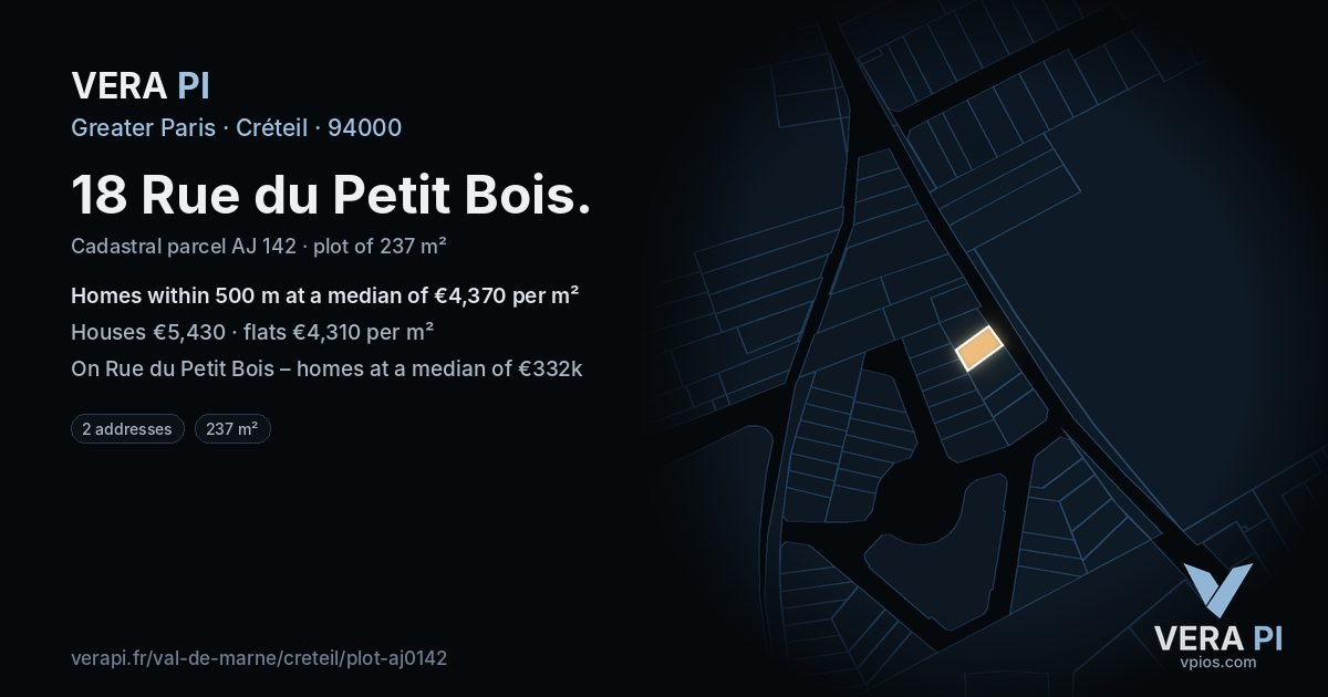 18 Rue du Petit Bois, Créteil at night – the plot lit, the parcels around coloured by the prices near them
