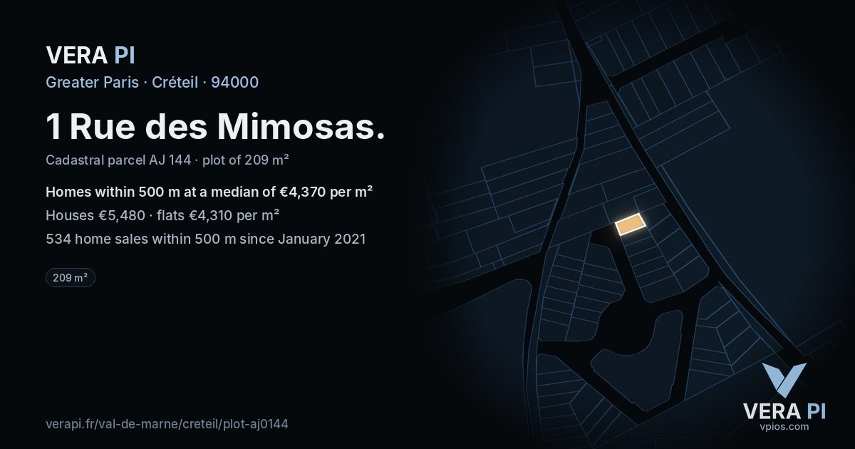 1 Rue des Mimosas, Créteil at night – the plot lit, the parcels around coloured by the prices near them