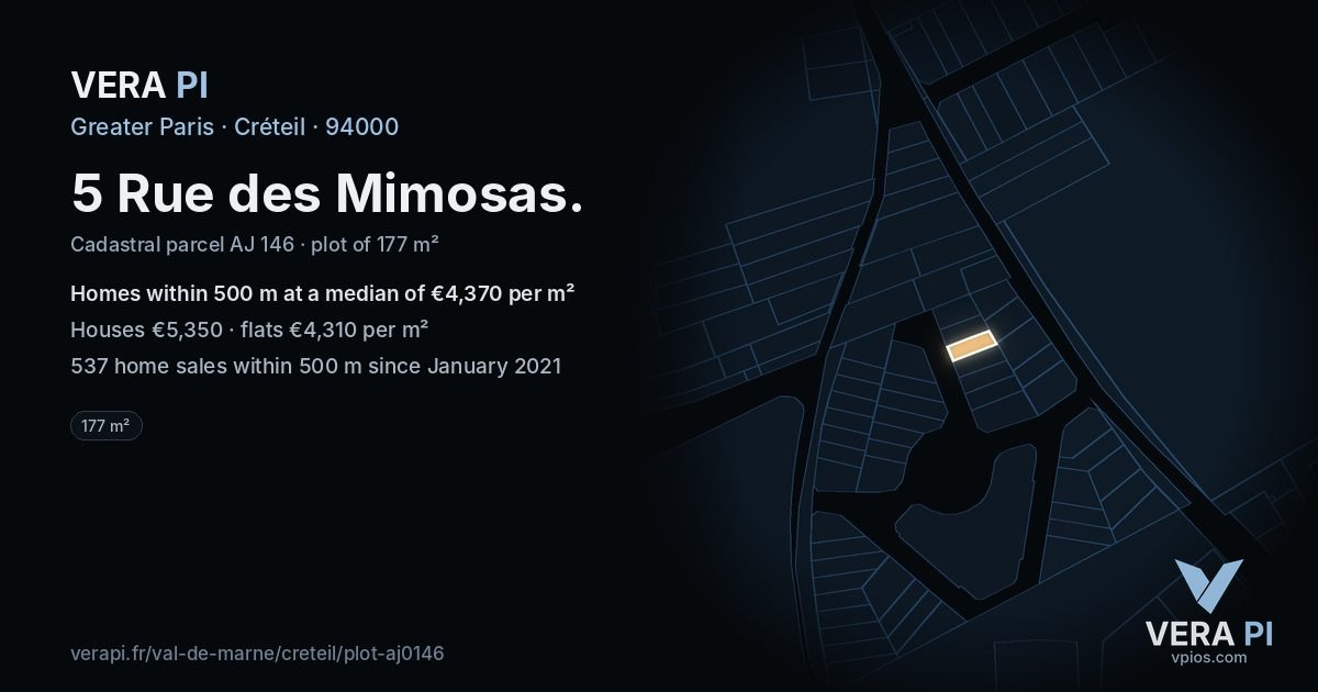 5 Rue des Mimosas, Créteil at night – the plot lit, the parcels around coloured by the prices near them