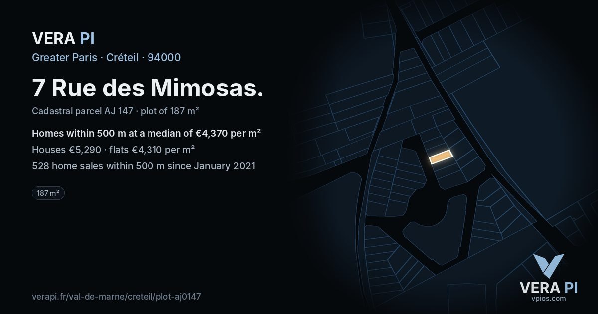 7 Rue des Mimosas, Créteil at night – the plot lit, the parcels around coloured by the prices near them
