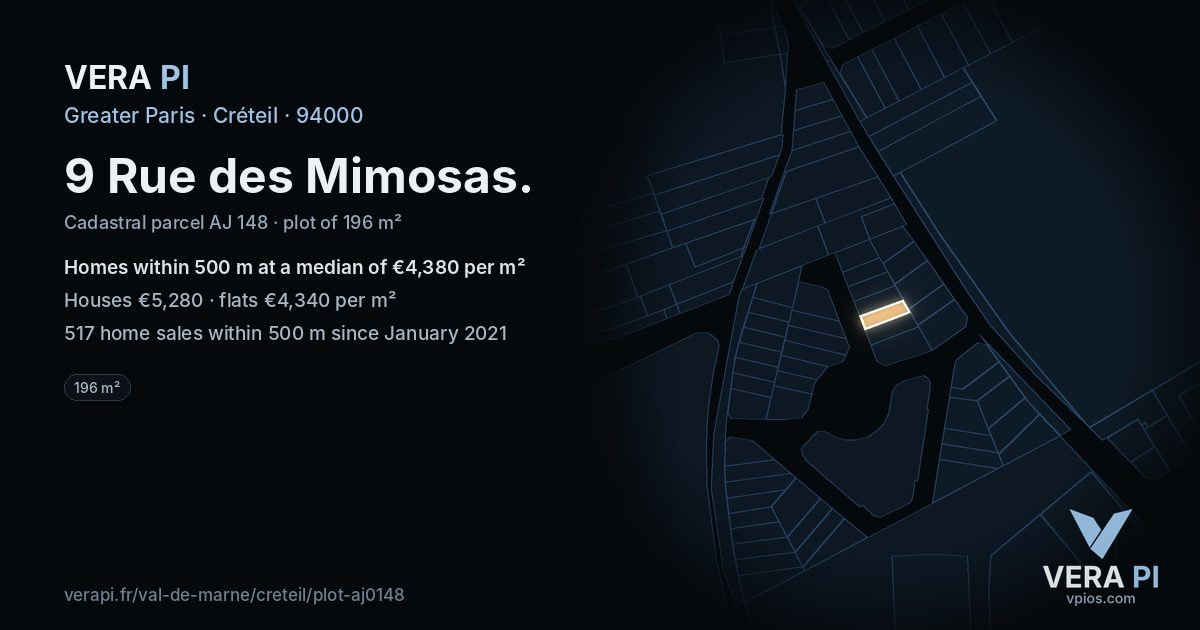9 Rue des Mimosas, Créteil at night – the plot lit, the parcels around coloured by the prices near them