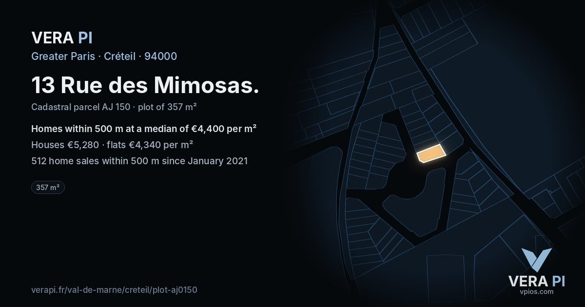 13 Rue des Mimosas, Créteil at night – the plot lit, the parcels around coloured by the prices near them