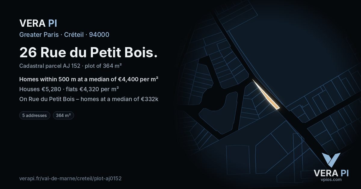 26 Rue du Petit Bois, Créteil at night – the plot lit, the parcels around coloured by the prices near them