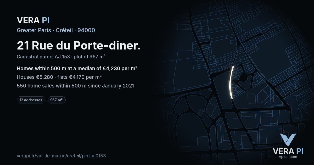 21 Rue du Porte-diner, Créteil at night – the plot lit, the parcels around coloured by the prices near them