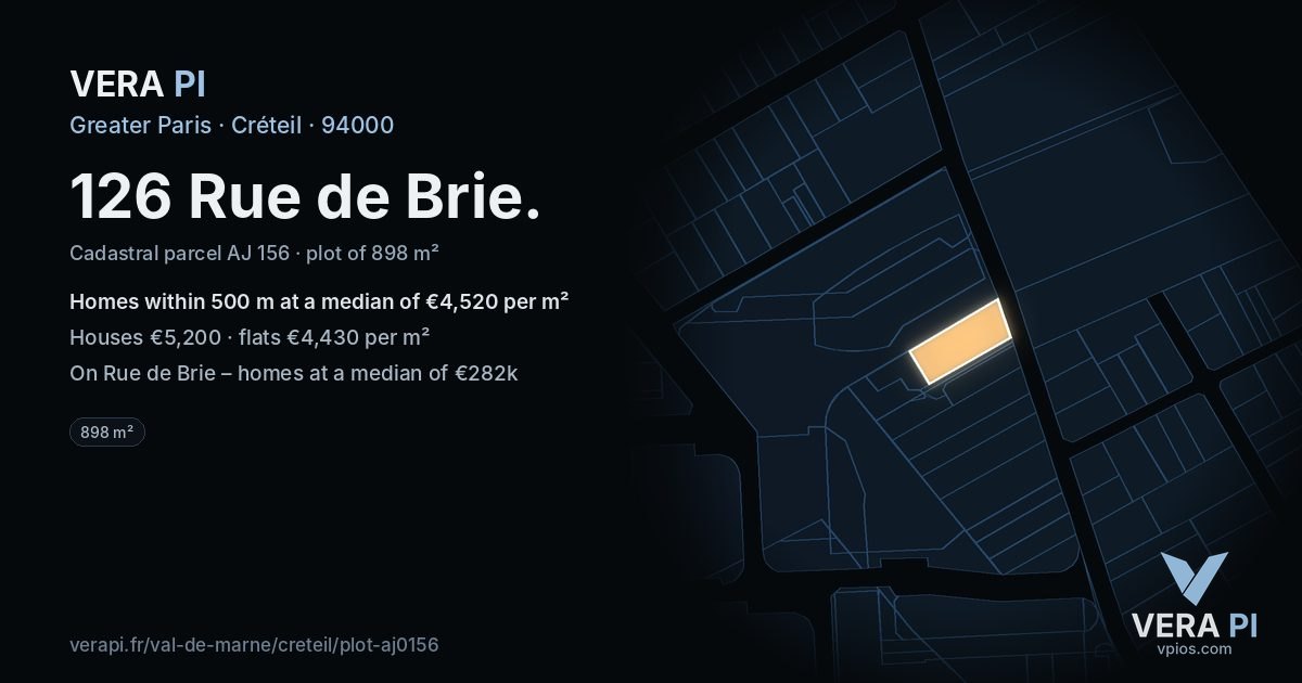 126 Rue de Brie, Créteil at night – the plot lit, the parcels around coloured by the prices near them