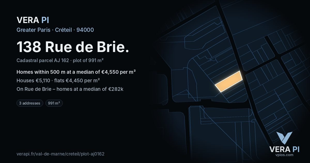 138 Rue de Brie, Créteil at night – the plot lit, the parcels around coloured by the prices near them