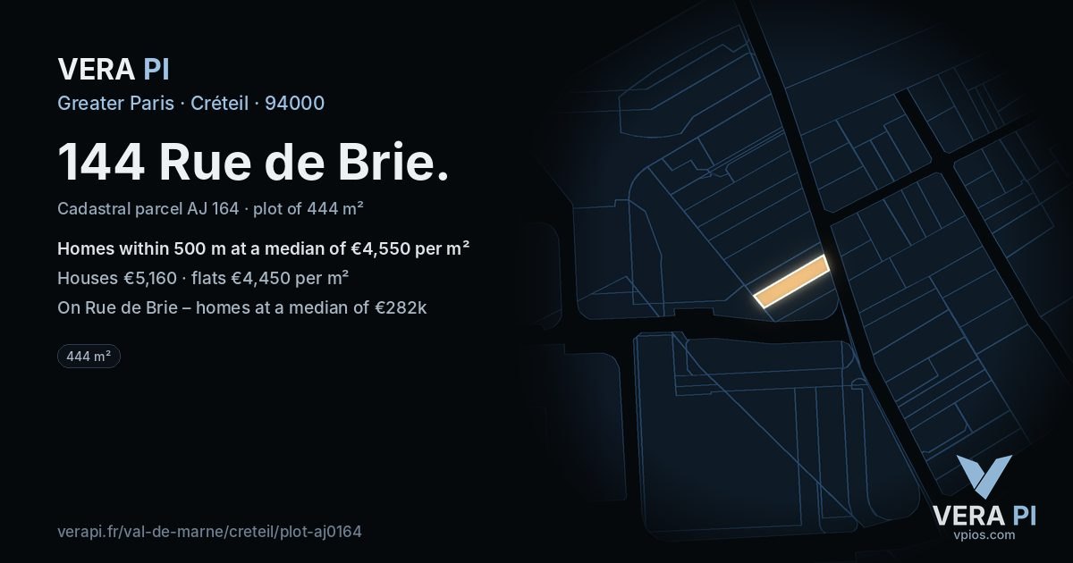 144 Rue de Brie, Créteil at night – the plot lit, the parcels around coloured by the prices near them