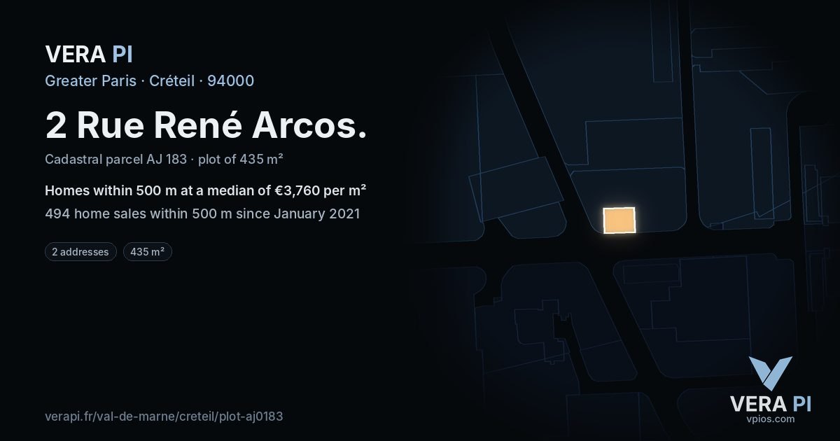 2 Rue René Arcos, Créteil at night – the plot lit, the parcels around coloured by the prices near them