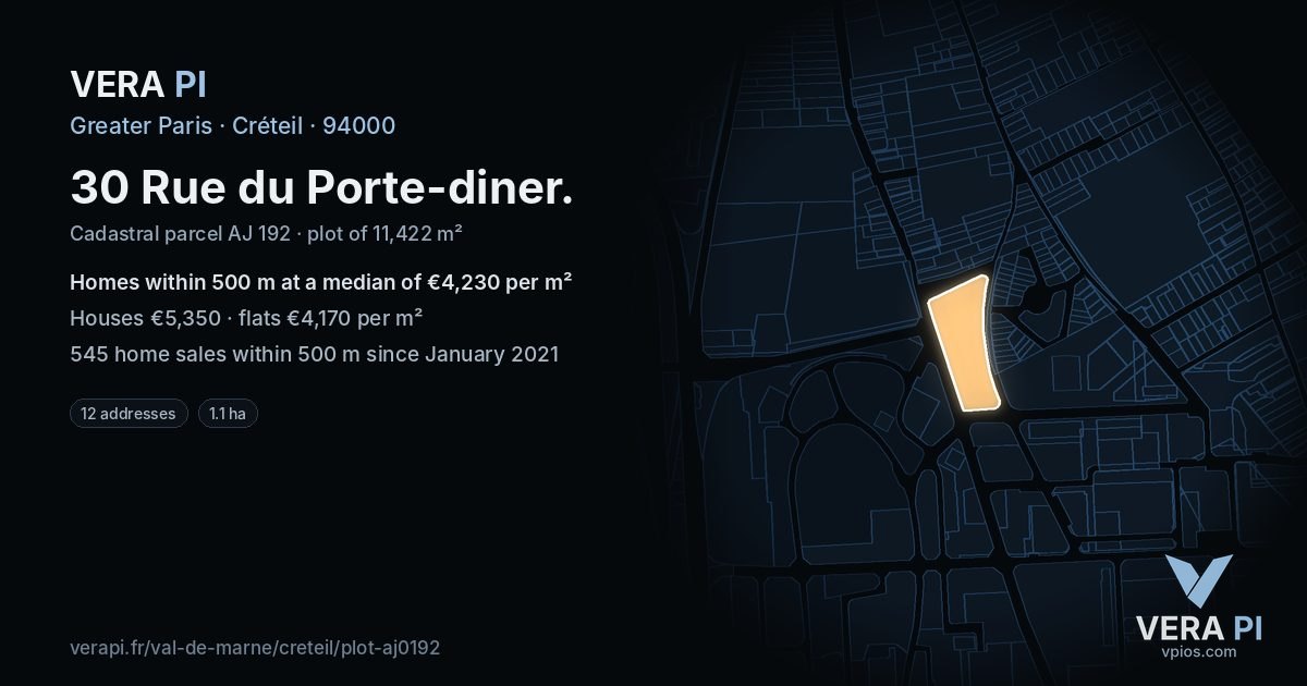 30 Rue du Porte-diner, Créteil at night – the plot lit, the parcels around coloured by the prices near them